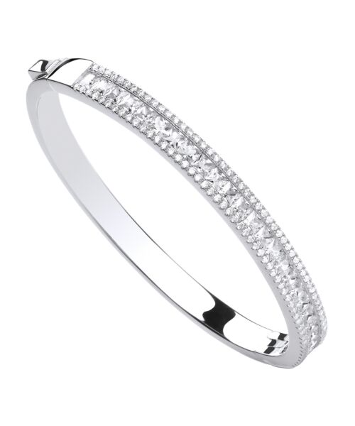 Silver Hinged Princess Cut & Round Cubic Zirconias Bangle SBN0151