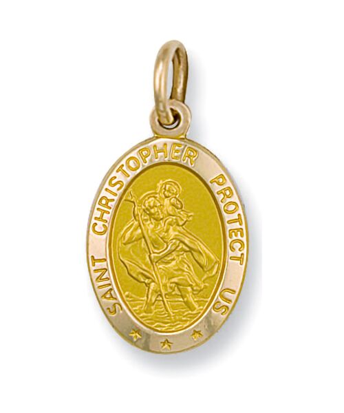 Yellow Gold Oval Saint Christopher Protect Us Pendant SM0017