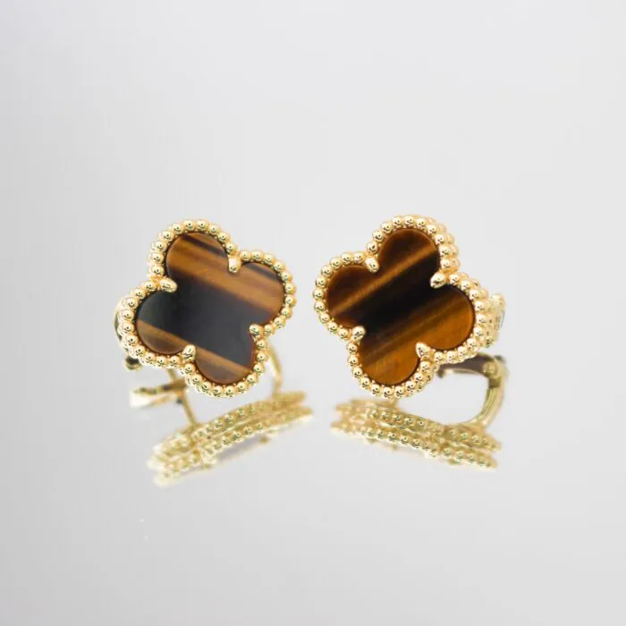 Vintage Alhambra Earrings Tiger Eye 18k Gold Clover Flower