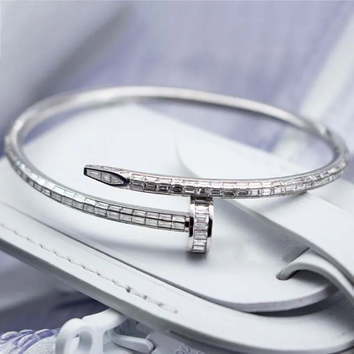 Nail Bracelet Diamond Bangle Baguette 14K White Gold VS1