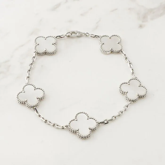 Vintage Alhambra Bracelet 5 Motifs Mother of Pearl 18K White Gold Imperial Time UK Ltd